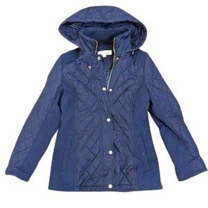 Ellen Tracy Quilted Jacket - Short Navy Coat with Hood